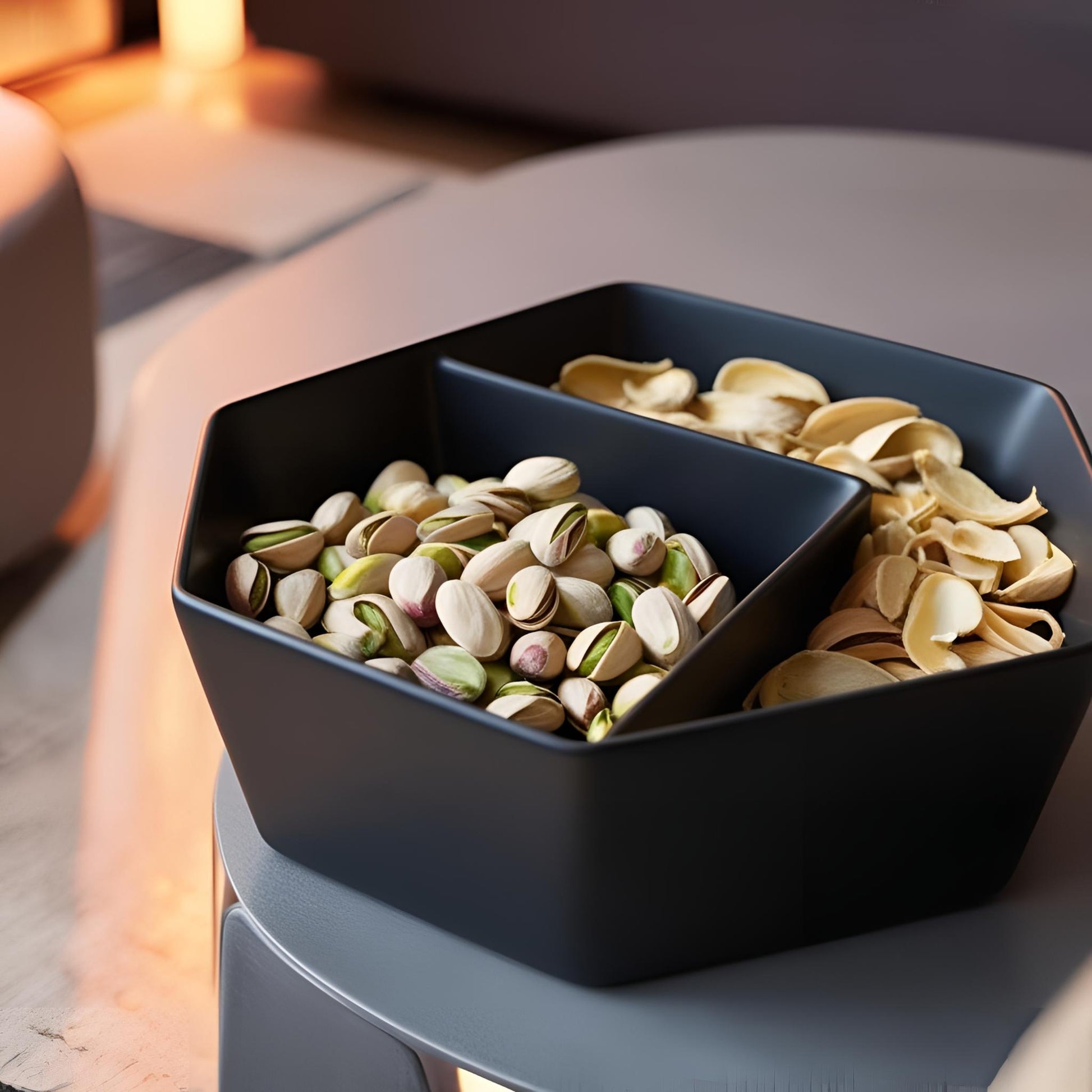 Black divided bowl with pistachios and almonds on a reflective surface.