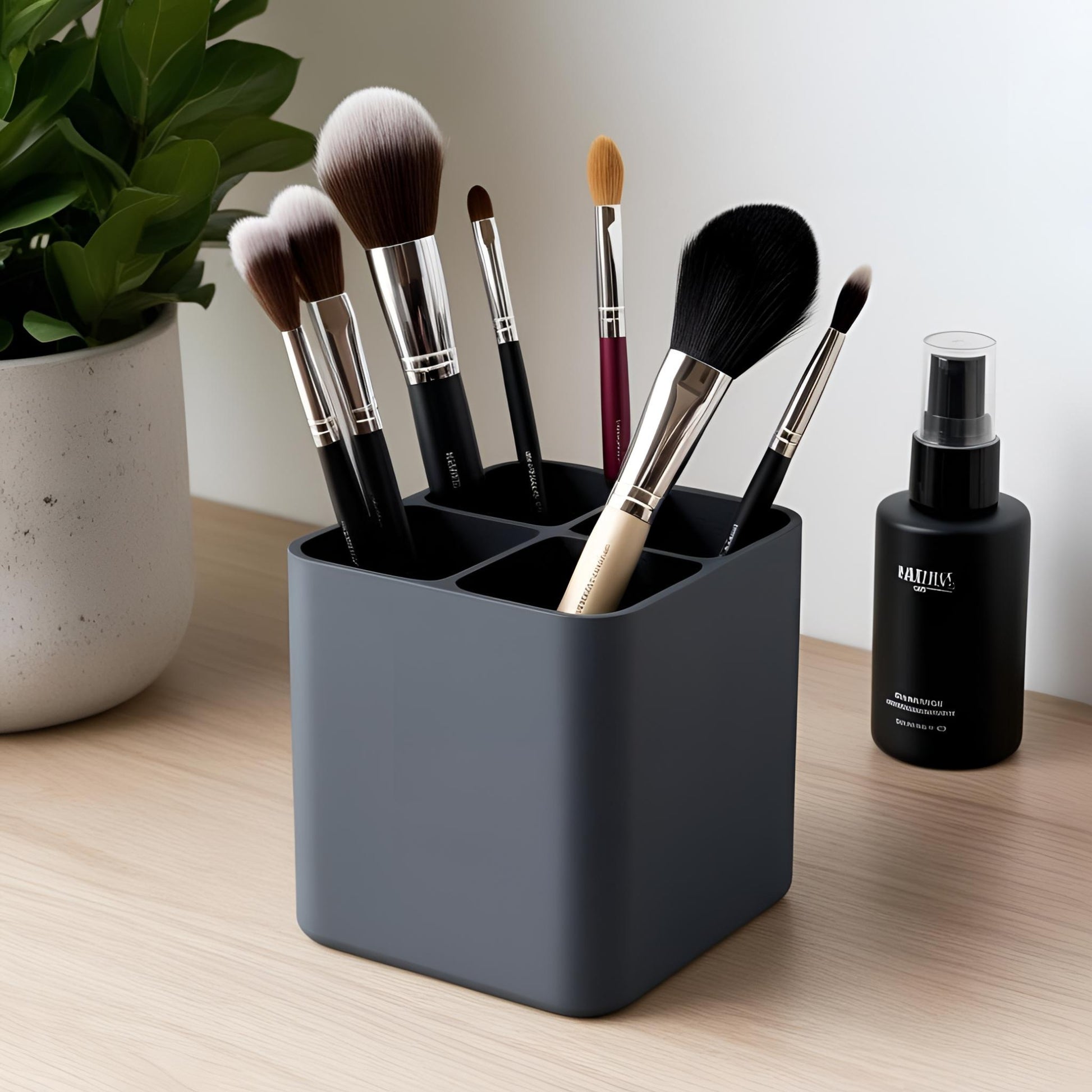 Makeup brushes in a gray holder on a wooden surface with a plant and bottle in the background.