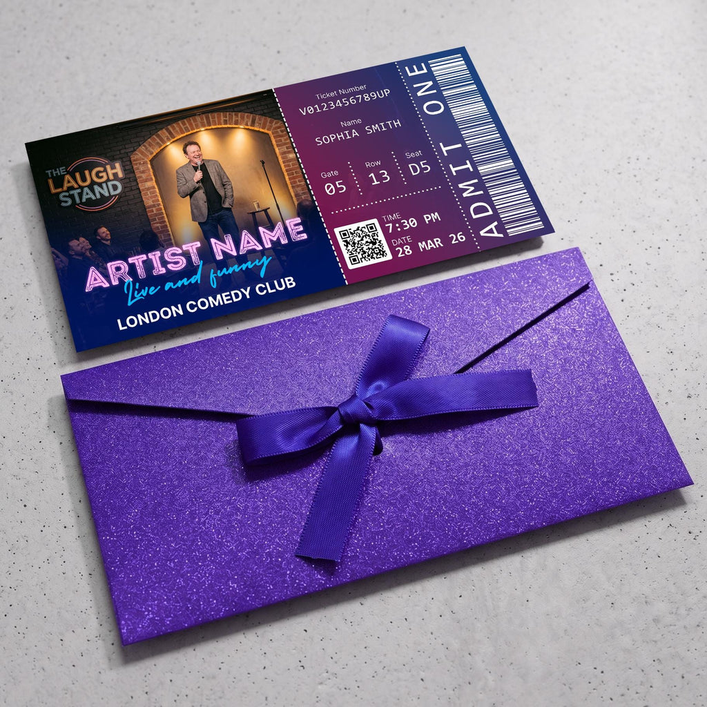 Personalised comedy night ticket with a purple ribbon envelope
