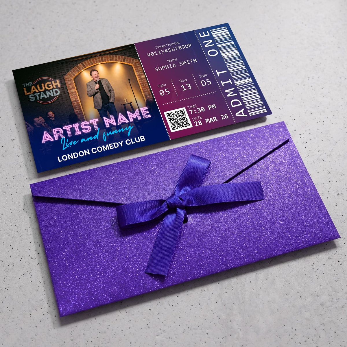 Personalised comedy night ticket with a purple ribbon envelope