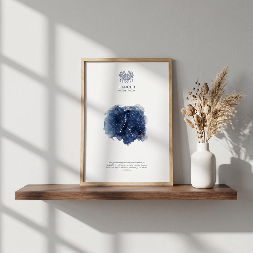 Cancer zodiac constellation print in indigo watercolour, with the Cancer symbol and dates, in a wood frame on a shelf