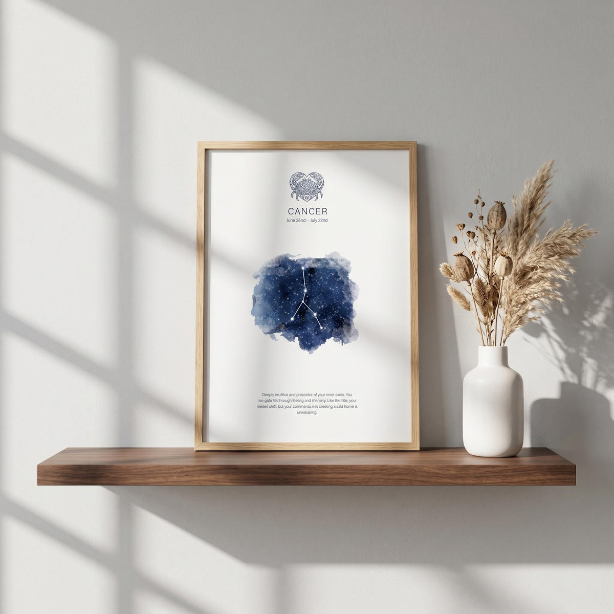 Cancer zodiac constellation print in indigo watercolour, with the Cancer symbol and dates, in a wood frame on a shelf