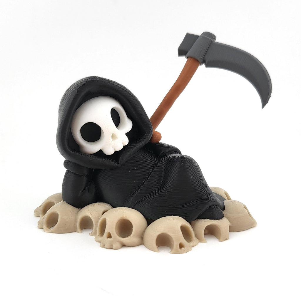 The Lazy Reaper lounging on a pile of skulls, his scythe propped behind him