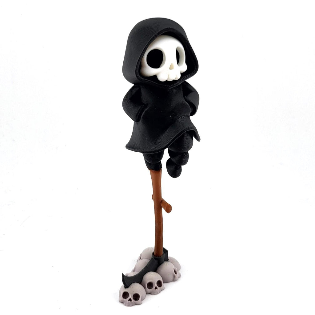 The Lookout grim reaper perched on top of a tall scythe handle above a pile of skulls