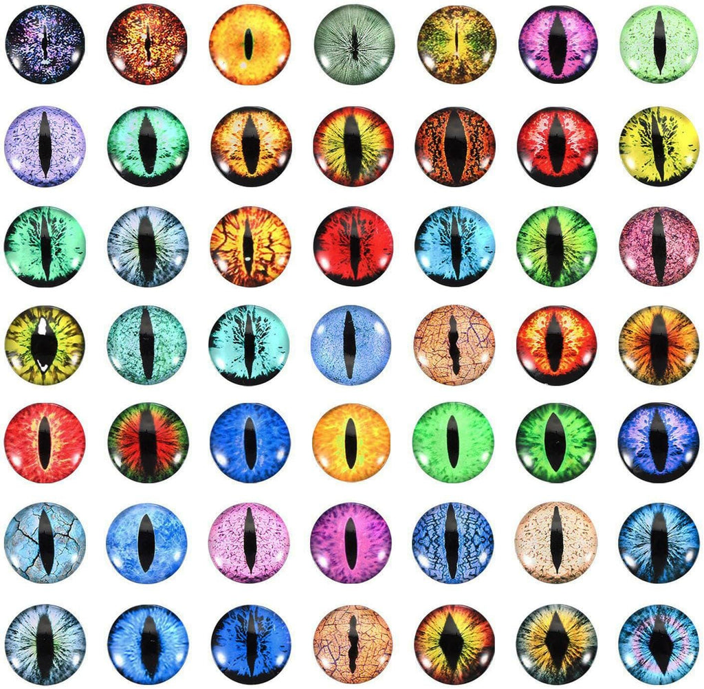 Collection of colorful dragon eye glass cabochons arranged in a grid.