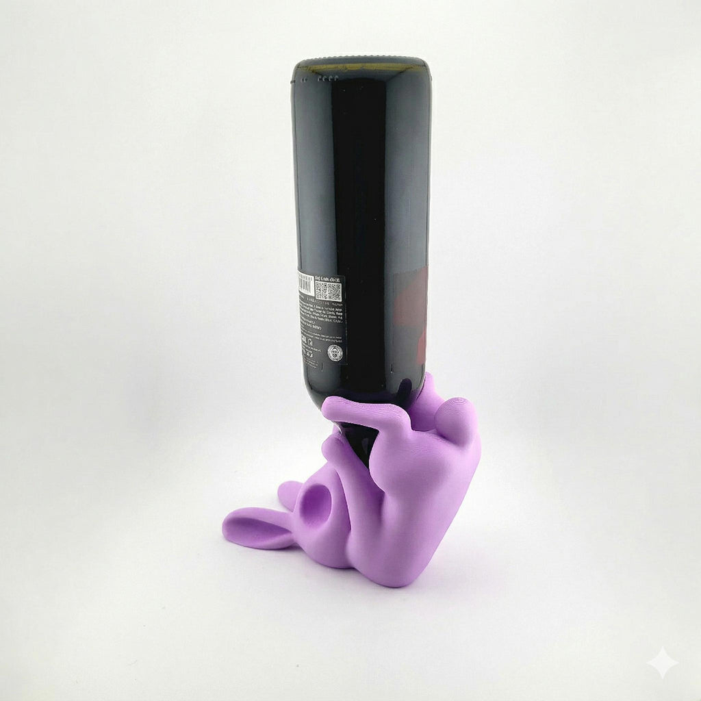 Purple bunny wine holder from an angle