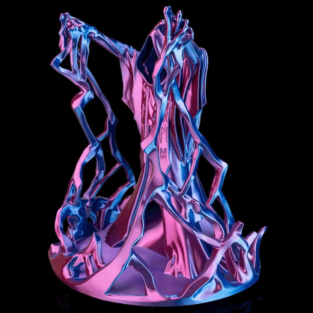 Wizard dice tower shifting from pink to blue, from the side