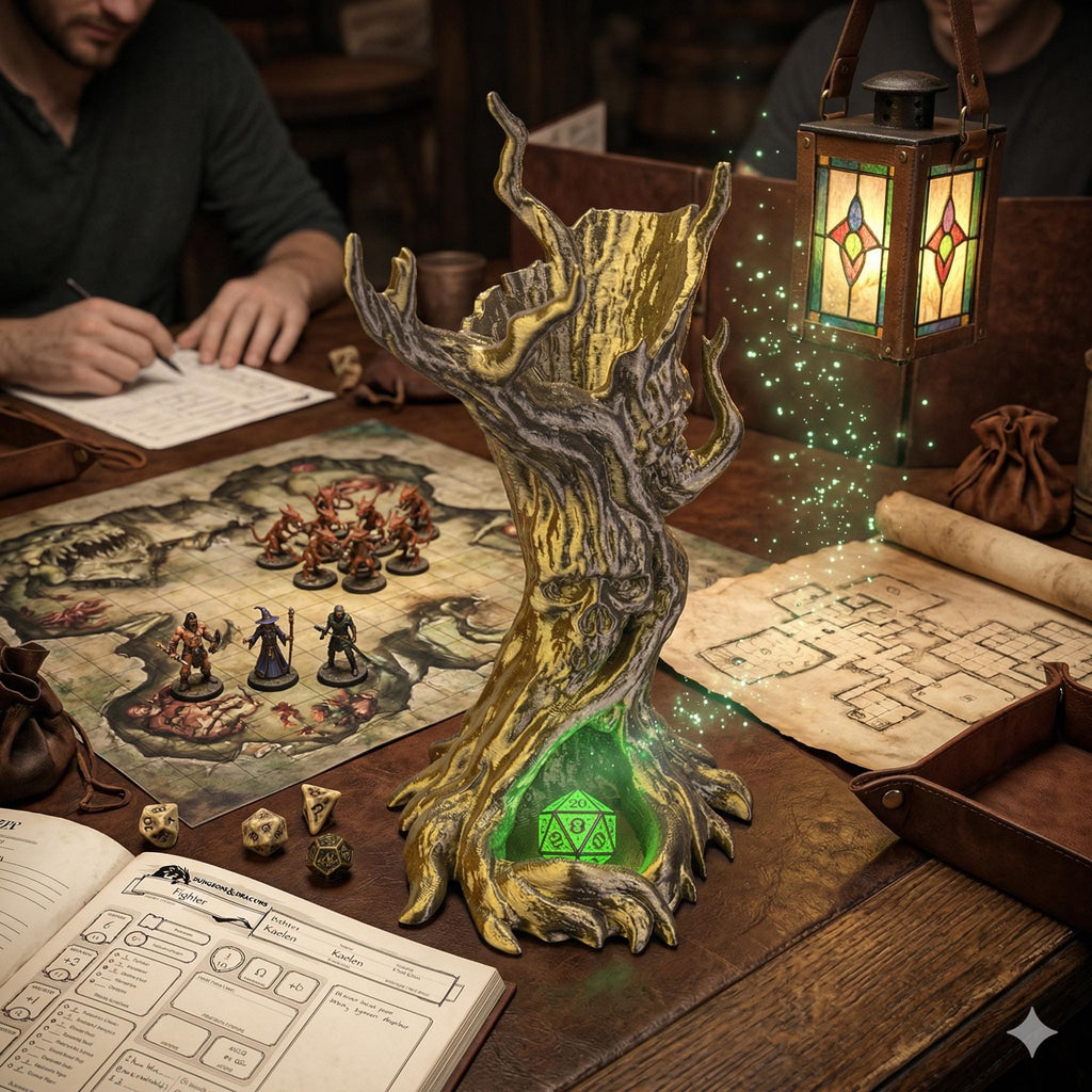 Dreadwood dice tower on a D&D table with a map, miniatures and a glowing green d20