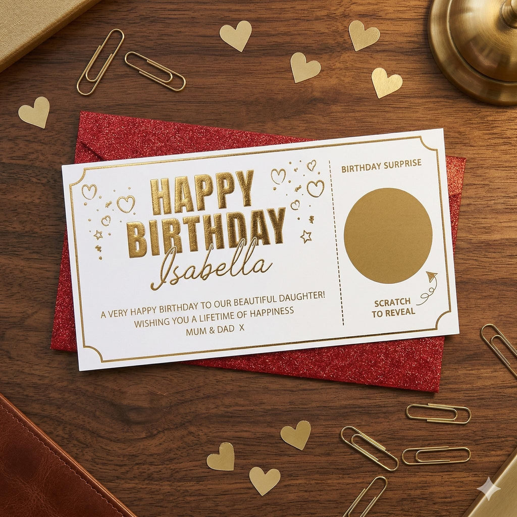 Gold foil birthday scratch card on a red glitter envelope with paper hearts