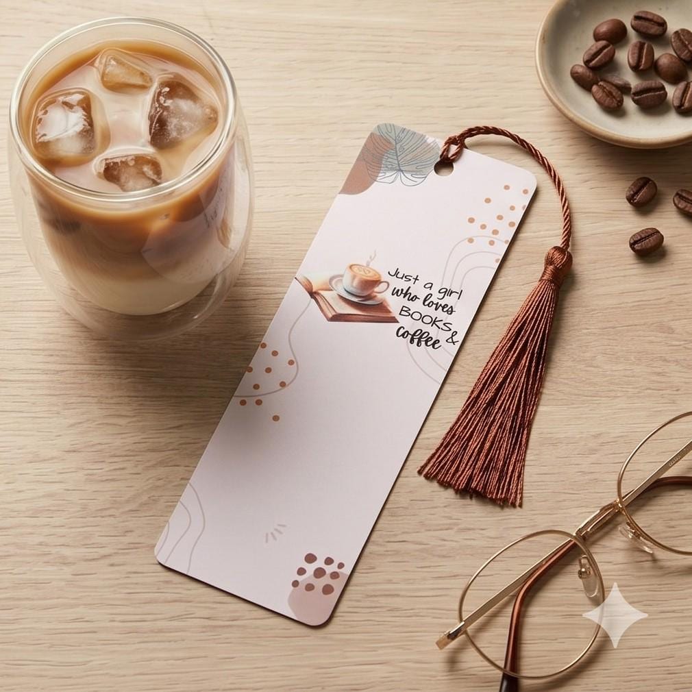 Books and coffee bookmark beside an iced coffee and glasses