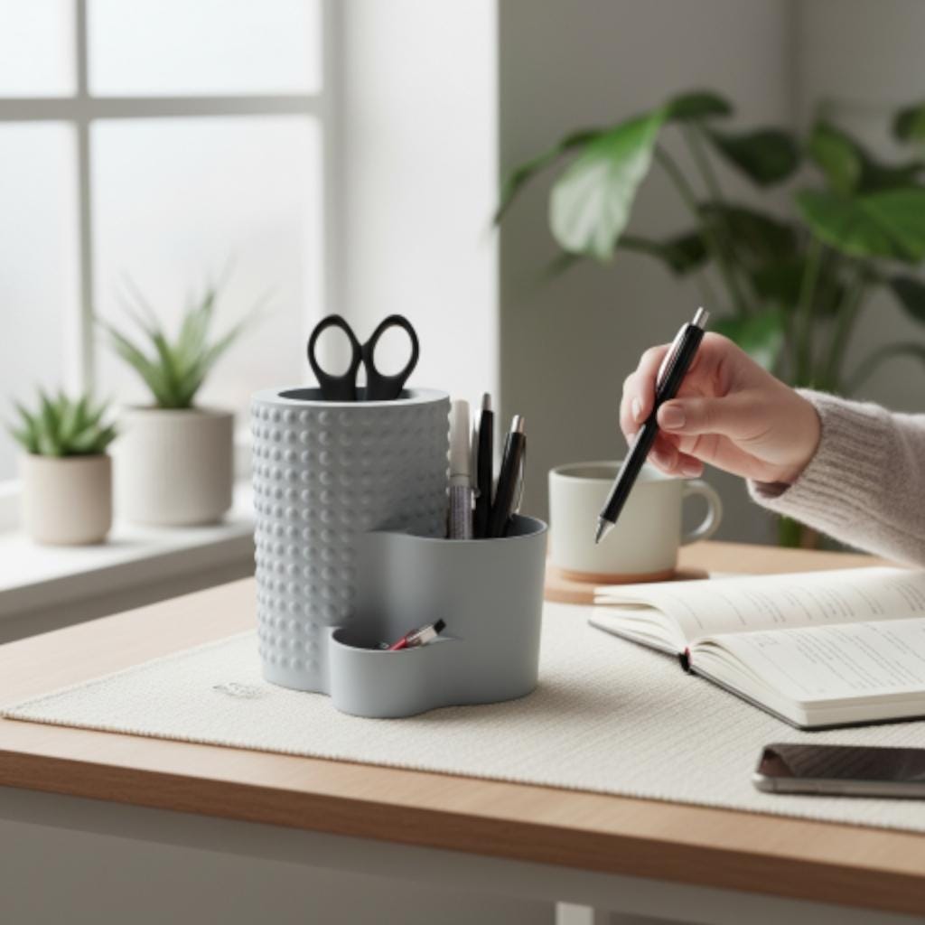 Tiered pencil pot on a desk by a window, a hand writing