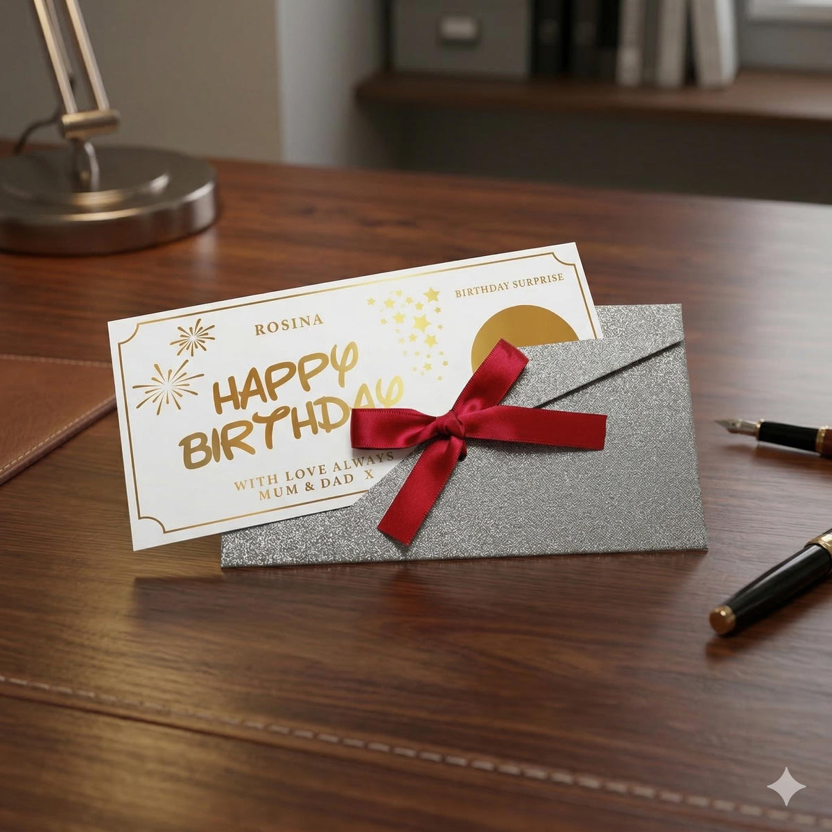 Birthday scratch card with a silver glitter ribbon envelope