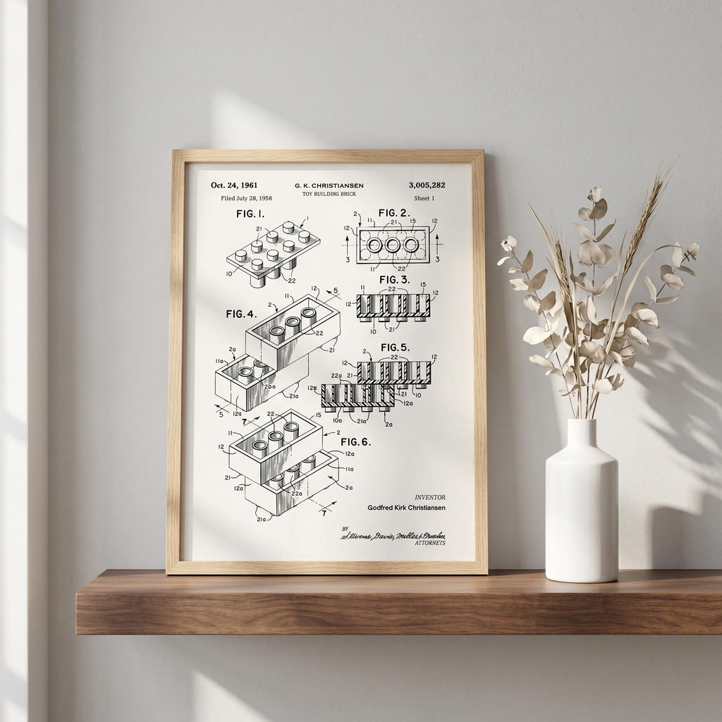 Toy Building Brick Patent Art Print, 1961 Invention Blueprint, AFOL Office Decor