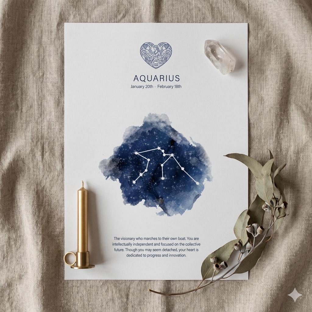Unframed Aquarius constellation print on linen with dried flowers