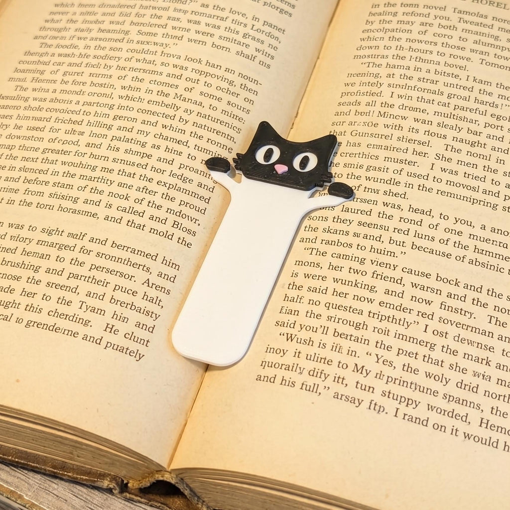 3D Printed Peeping Cat Bookmark - Cute Black and White Kitty Page Holder - Minimalist Bookish Gift for Cat Lovers