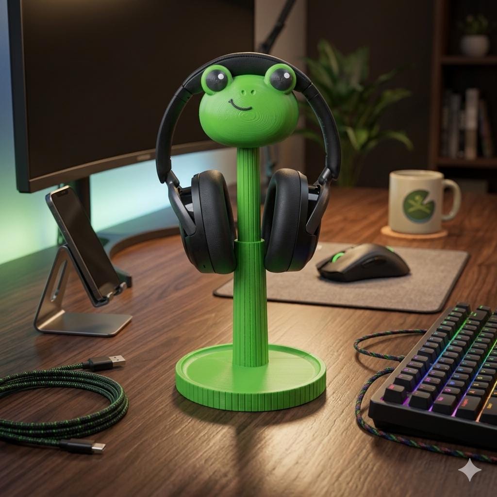 Green frog headphone stand holding black headphones on a gaming desk