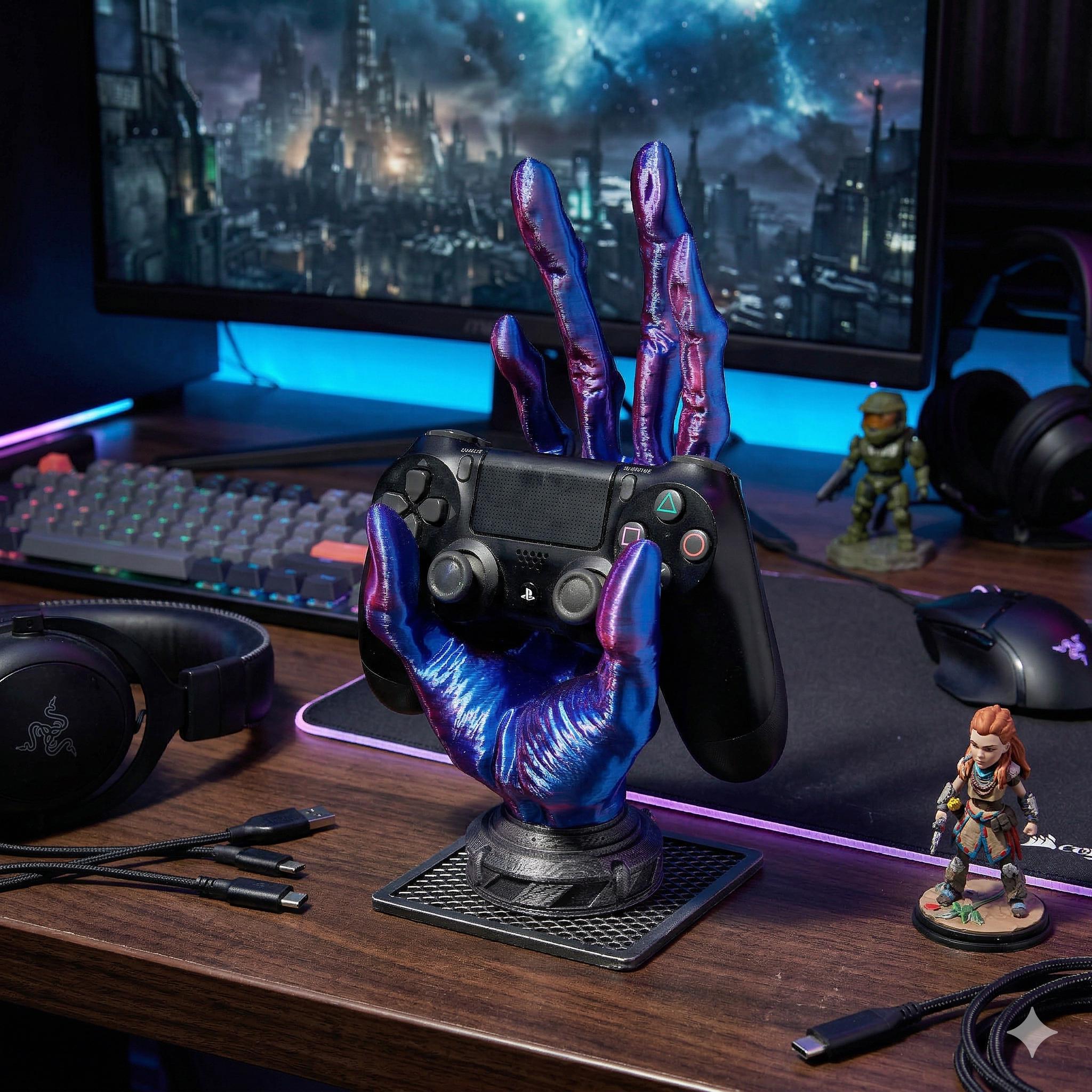 Creepy Hand Controller Stand – Iridescent Blue/Purple Chameleon Gamer Desk Decor