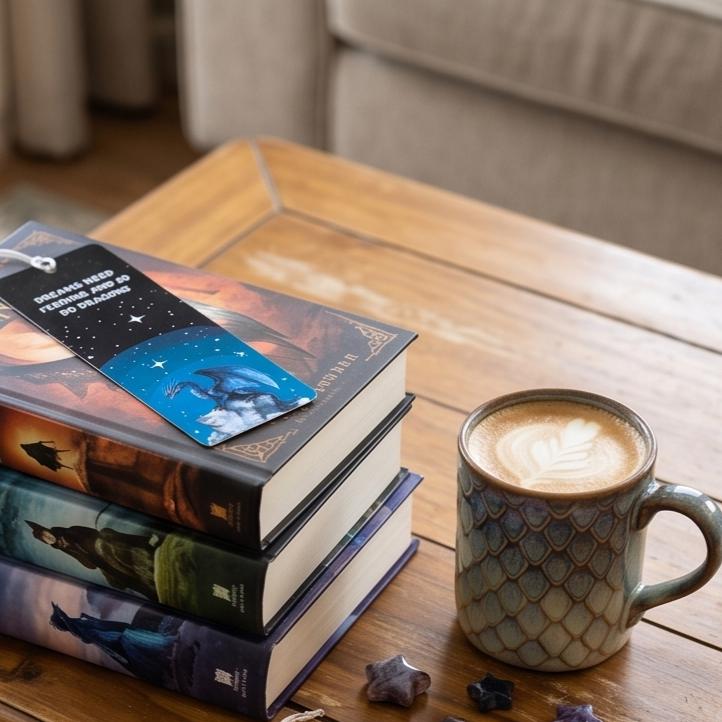 Dreams Need Feeding dragon bookmark on a stack of books beside a coffee