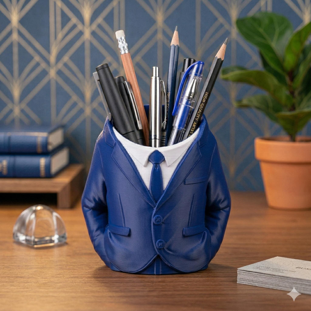 Dapper Desk Organizer: Hand-Crafted Blue Suit Pencil Cup with Gold Accents
