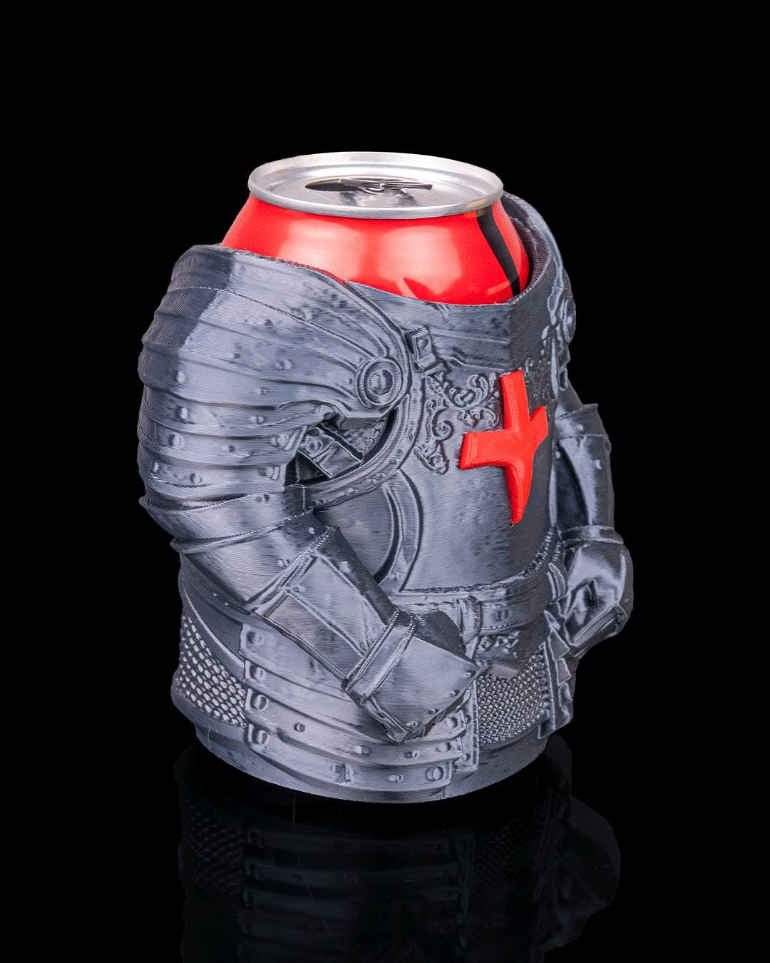 Knight armour can holder from an angle, with a red can inside