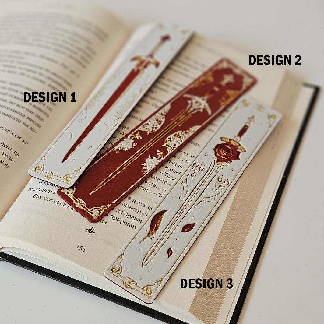 Three decorative bookmarks on an open book with labels for Design 1, Design 2, and Design 3.
