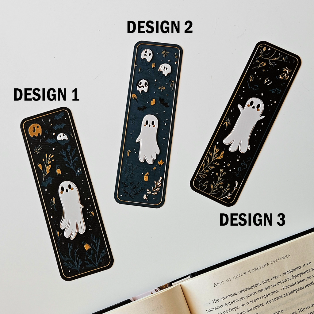 Three Halloween-themed bookmarks with ghost designs on a white background.