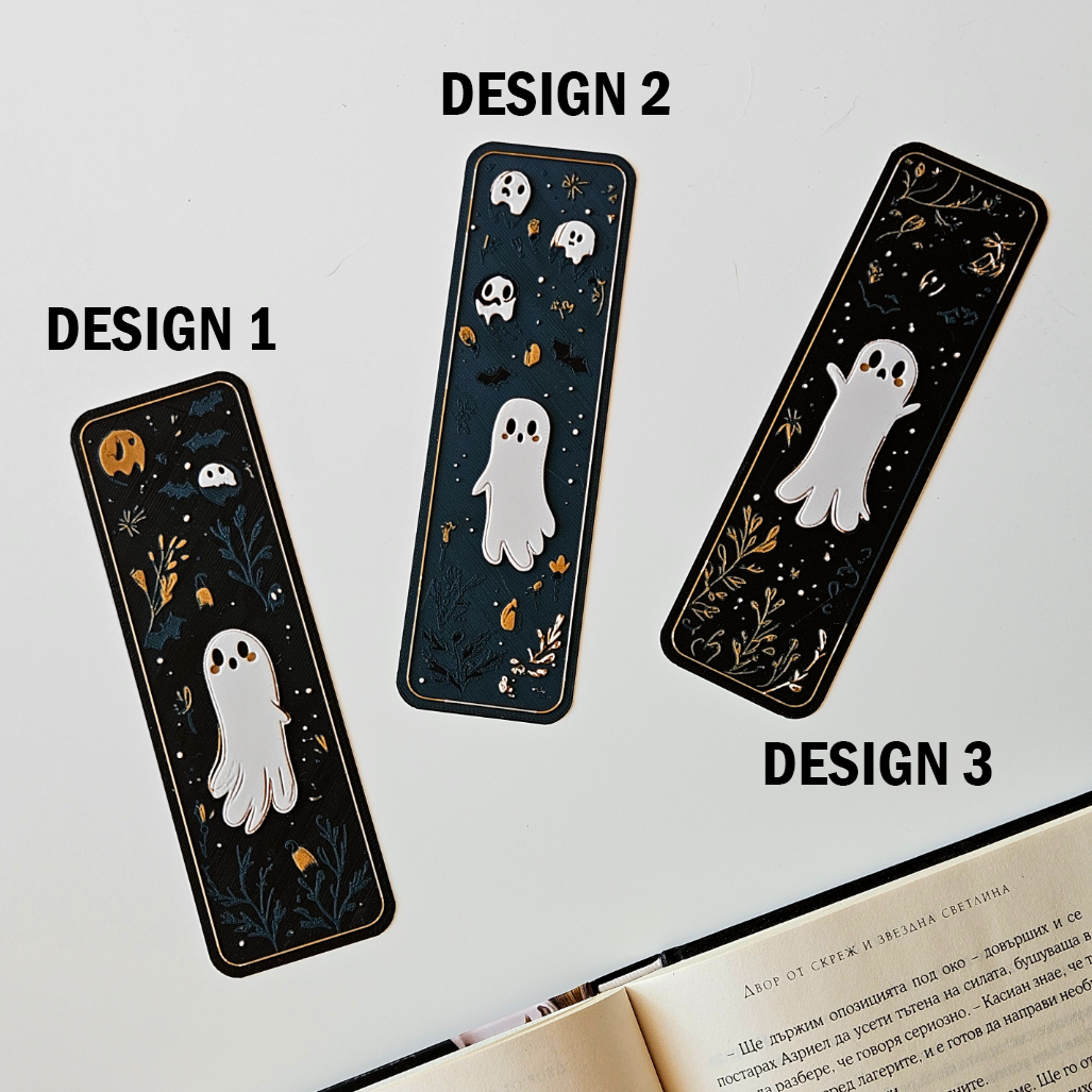 Three Halloween-themed bookmarks with ghost designs on a white background.
