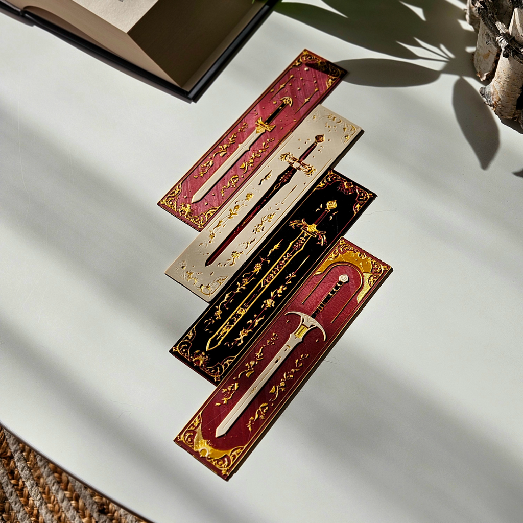 Decorative bookends with intricate designs on a light surface