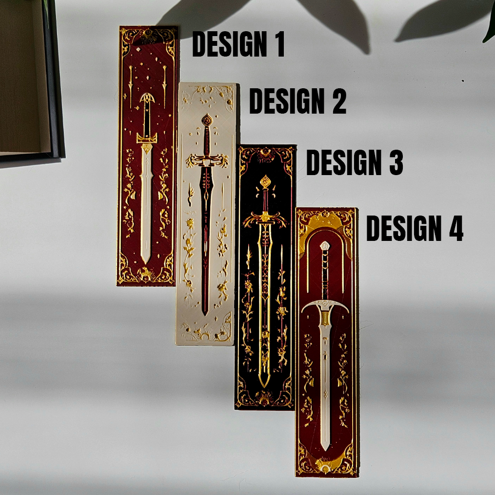 Four sword designs in decorative boxes on a white background