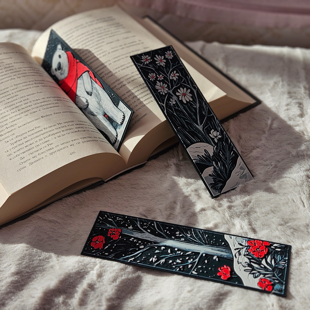 Three decorative bookmarks on an open book with a soft background