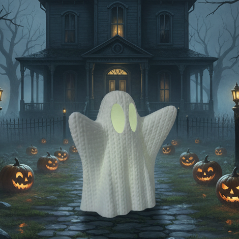 Ghost in front of a haunted house with pumpkins on Halloween
