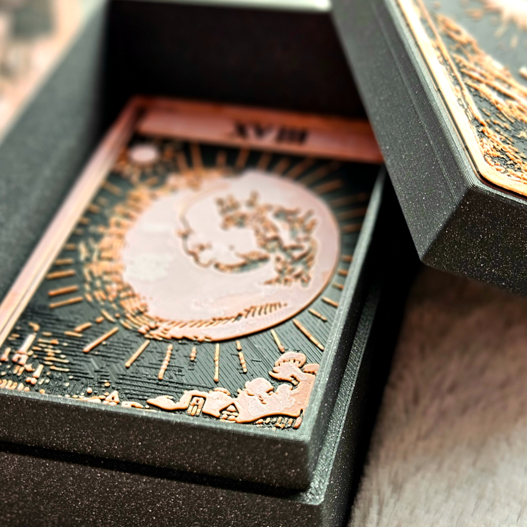 Decorative box with intricate designs on a wooden surface