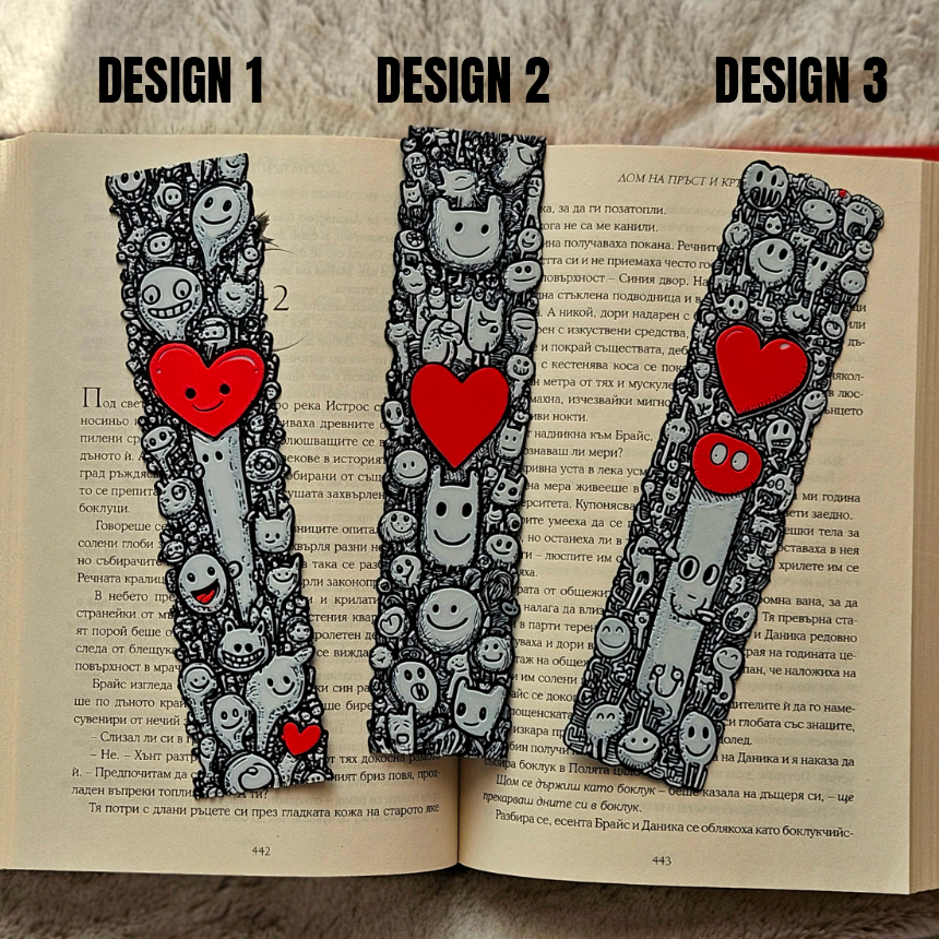 Three designs of a bookmark with cartoon characters and a red heart on an open book.