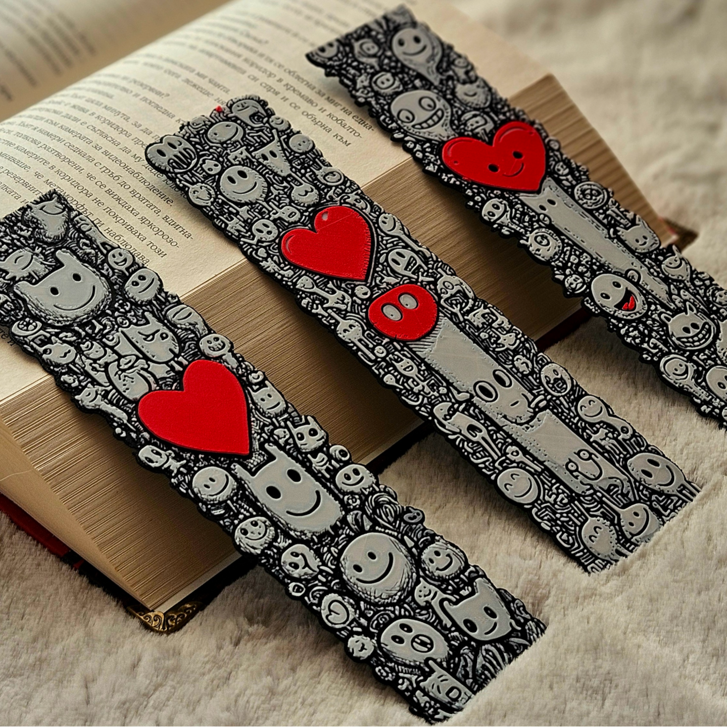Two decorative bookmarks with red hearts and black and white patterns on an open book.