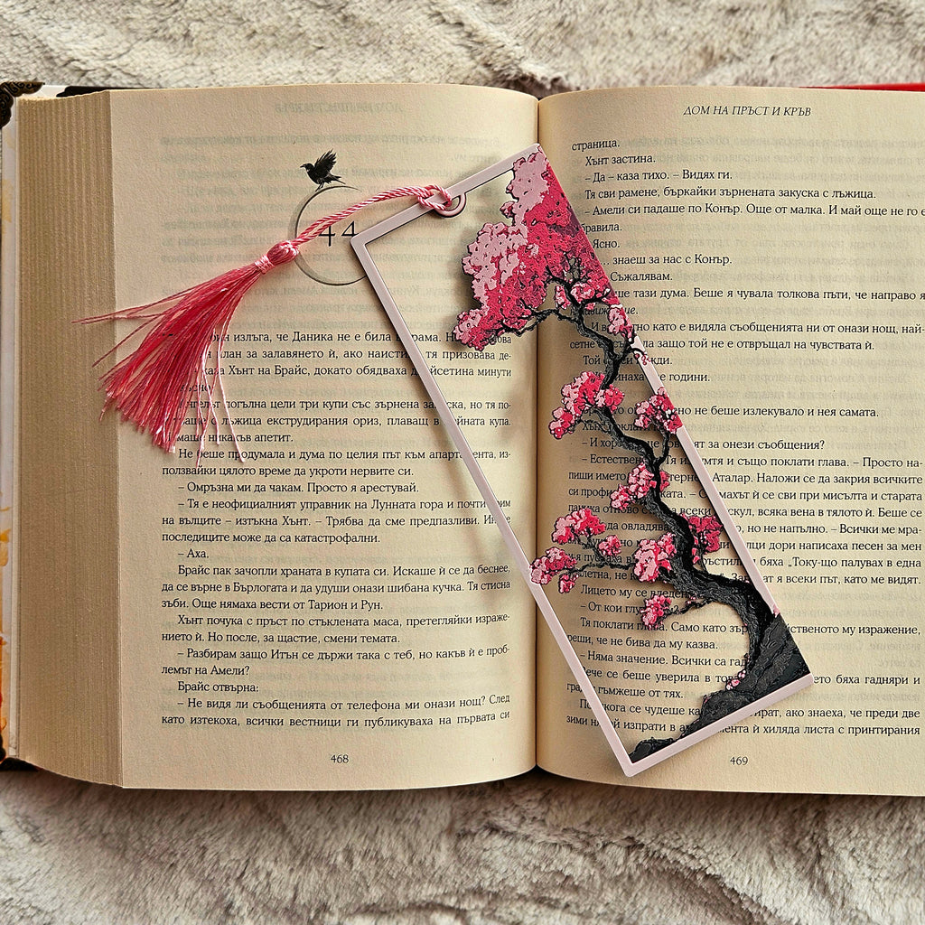 Decorative pink floral bookmark on an open book with a tassel.