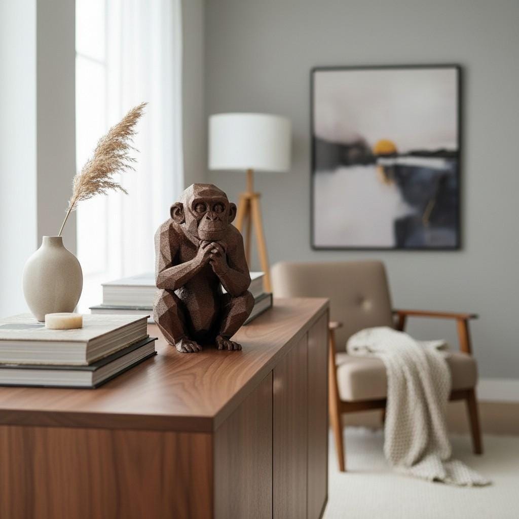 Wooden monkey figurine on a wooden surface in a room with a chair and lamp.