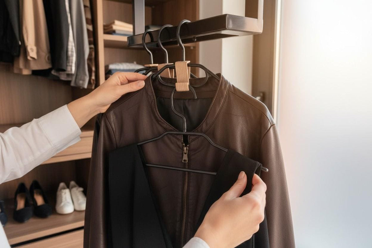 Hanging clothes one below another in a wardrobe