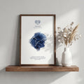 Pisces zodiac constellation print in indigo watercolour, with the Pisces symbol and dates, in a wood frame on a shelf