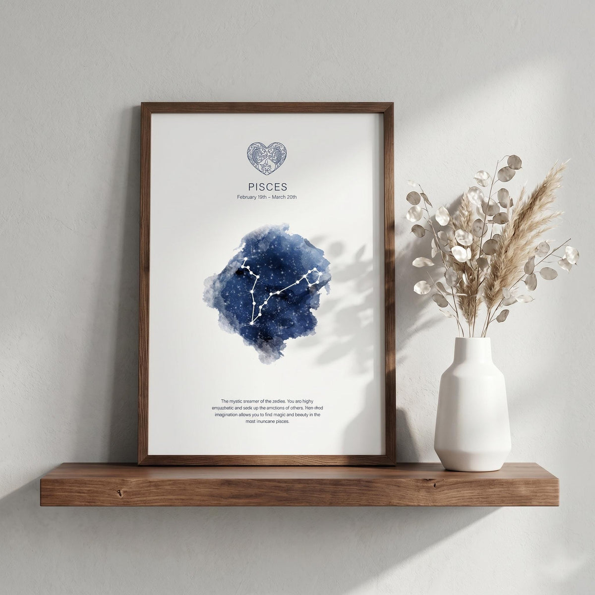 Pisces zodiac constellation print in indigo watercolour, with the Pisces symbol and dates, in a wood frame on a shelf