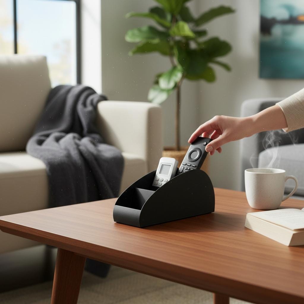 Remote caddy on a coffee table with a cup of coffee