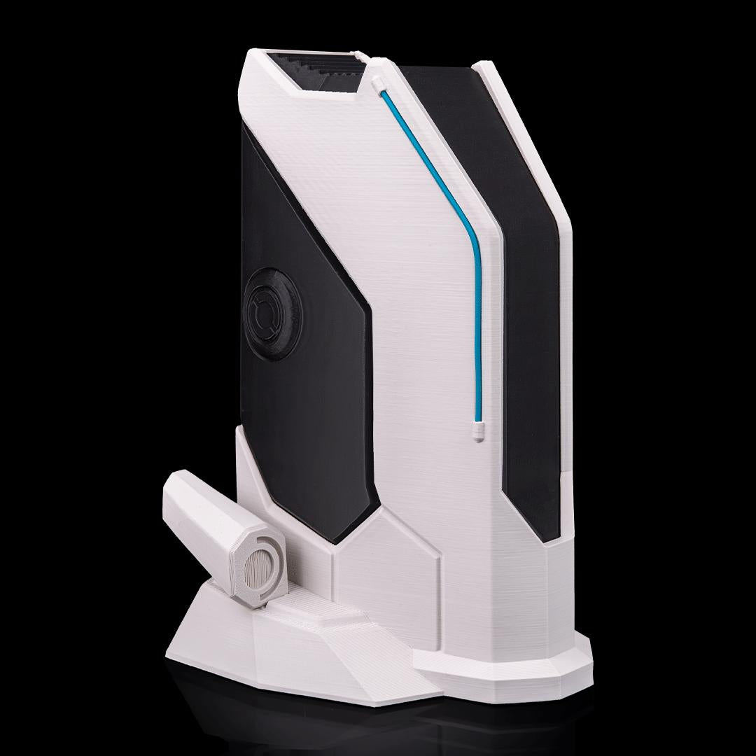 Empty sci-fi headset stand from the side, showing the blue line