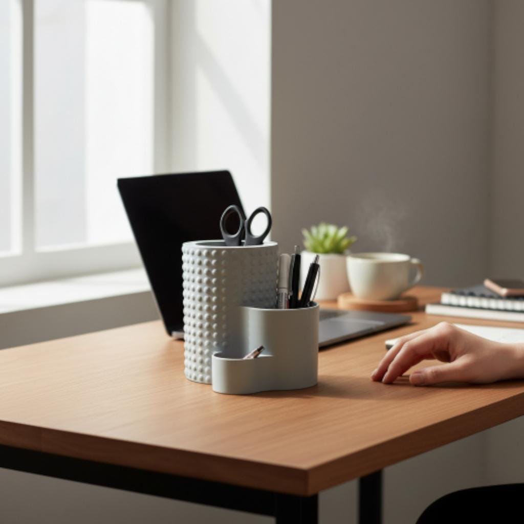 Tiered pencil pot beside a laptop