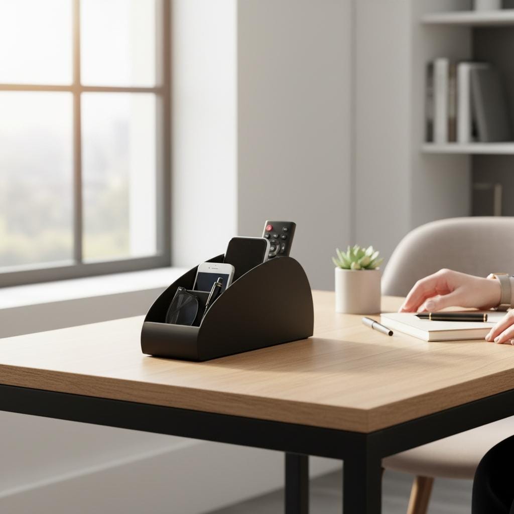 Remote caddy with remotes and a phone on a desk