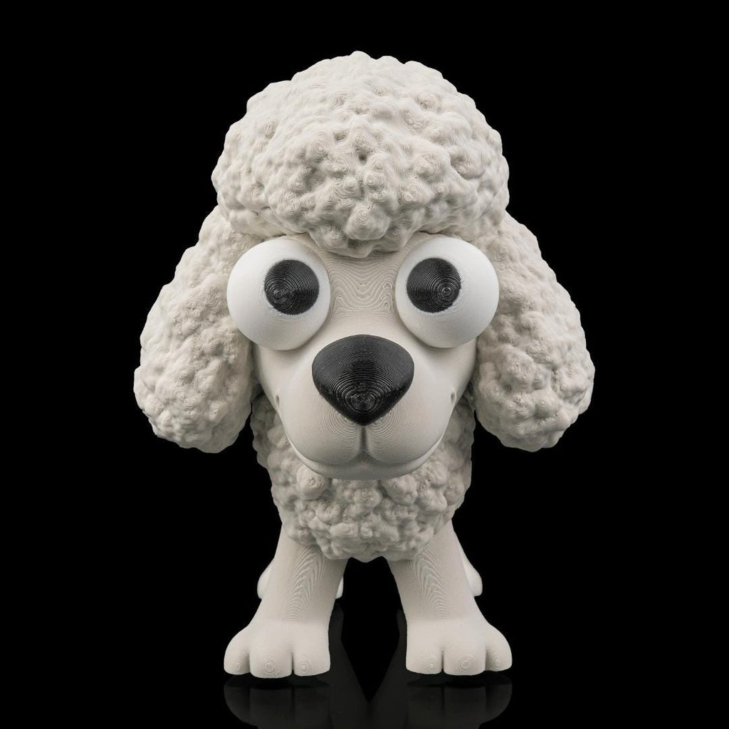 Poopoodle's curly head and googly eyes from the front