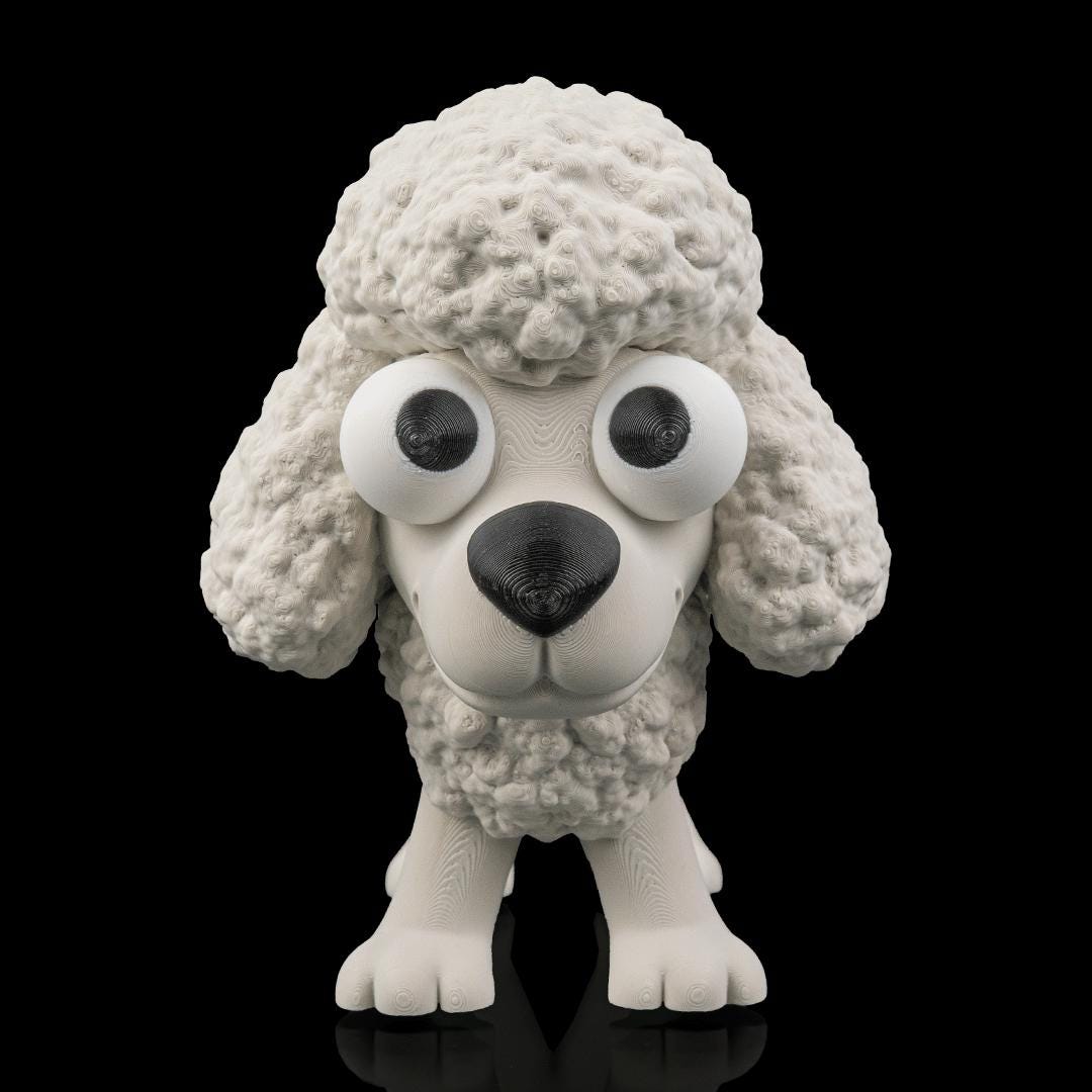 Poopoodle's curly head and googly eyes from the front