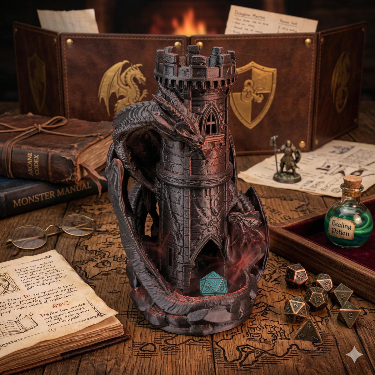 Twin Dragons dice tower on a gaming table with dice, books and a potion bottle
