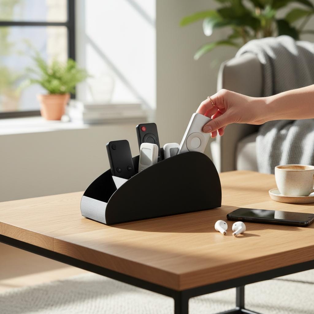 Black remote control caddy on a coffee table, a hand putting a remote in