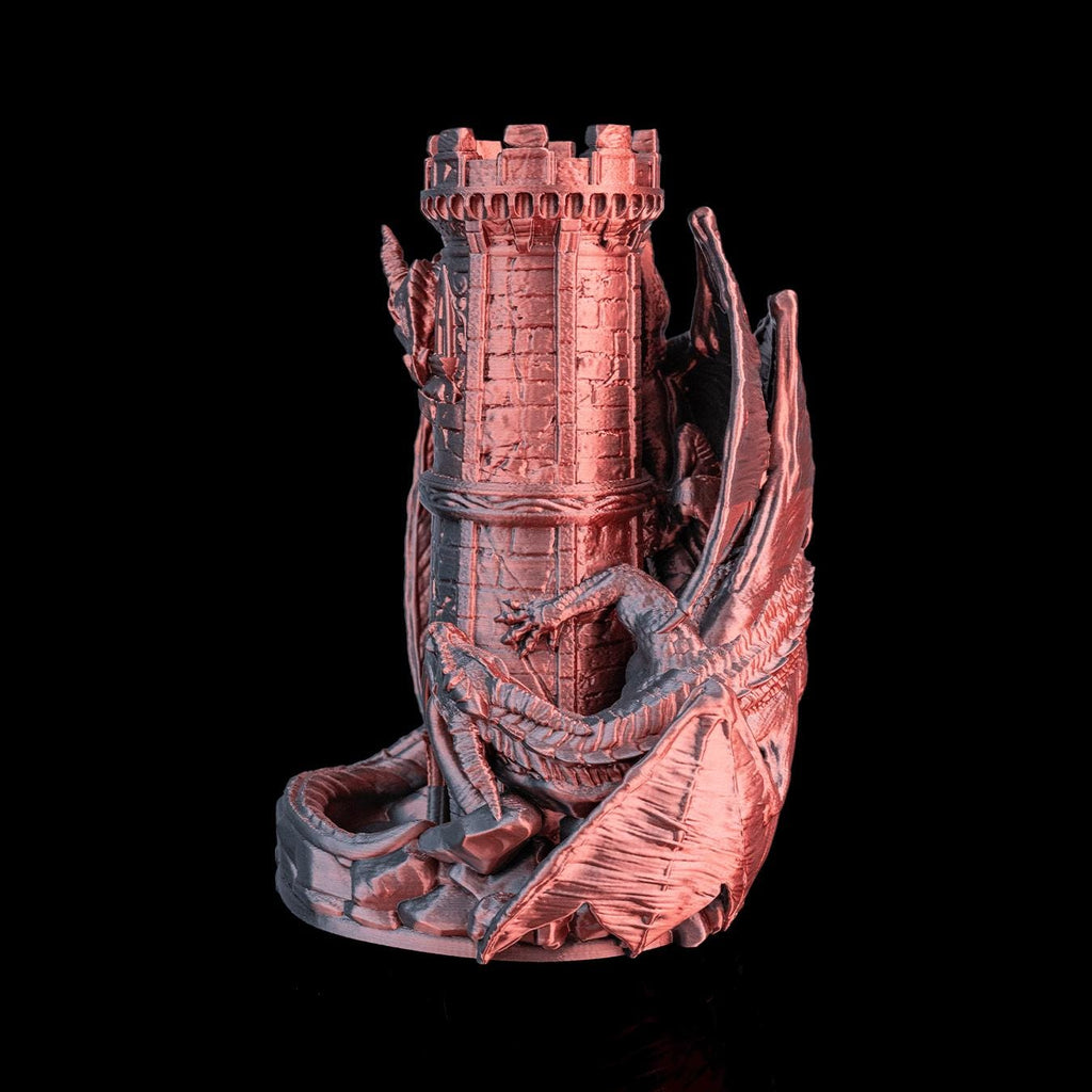 Twin Dragons dice tower from the side, showing a dragon's wing