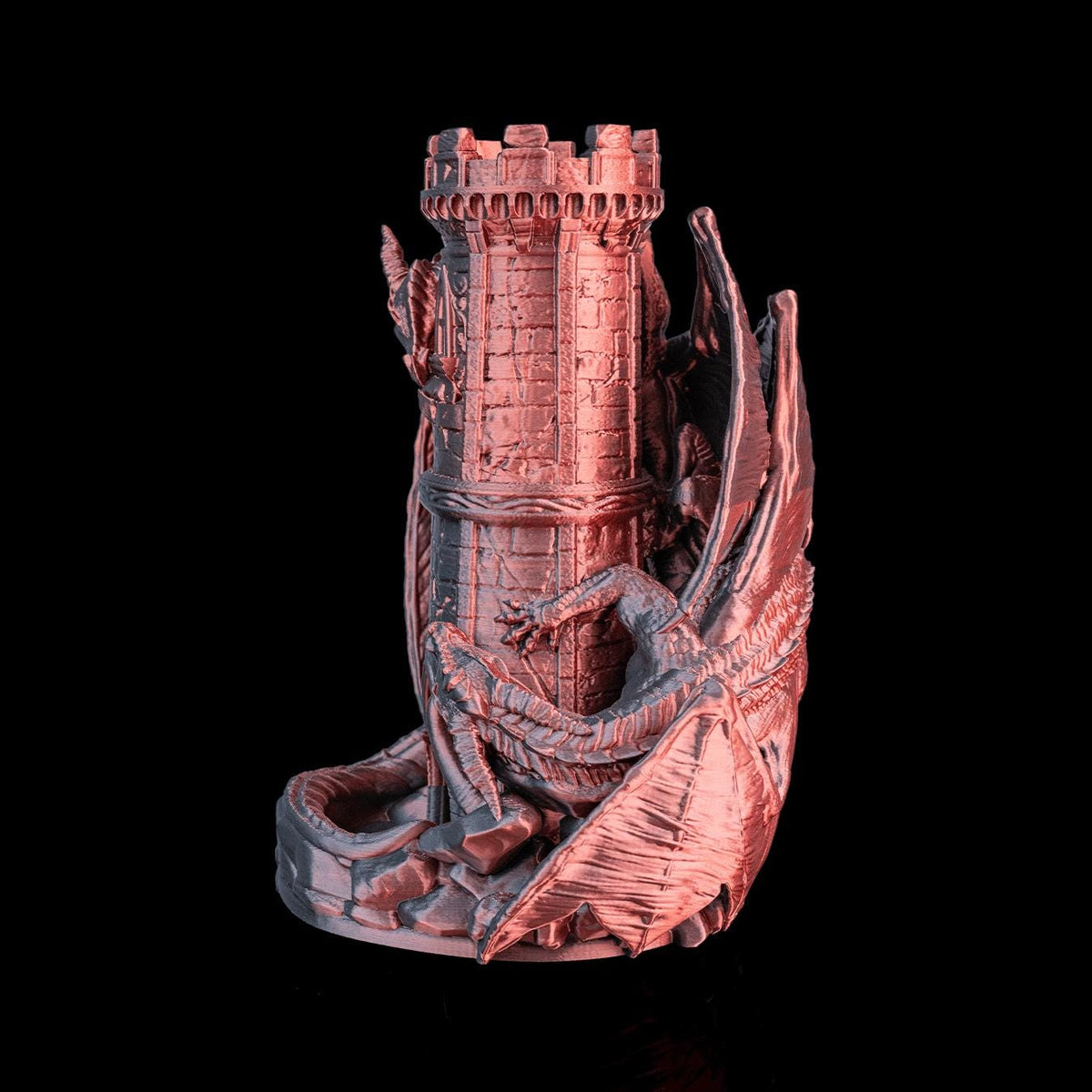 Twin Dragons dice tower from the side, showing a dragon's wing