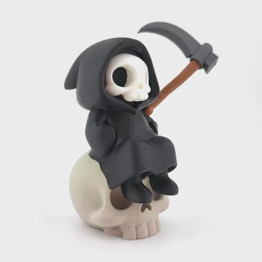 The Bone Rider grim reaper sitting on a giant skull, holding a scythe
